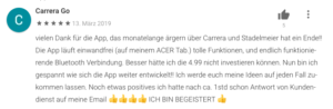 5-Sterne-Bewertung eines zufriedenen Kunden, der von der offiziellen Carrera-App zu SmartRace GO Plus gewechselt ist (Google Play).